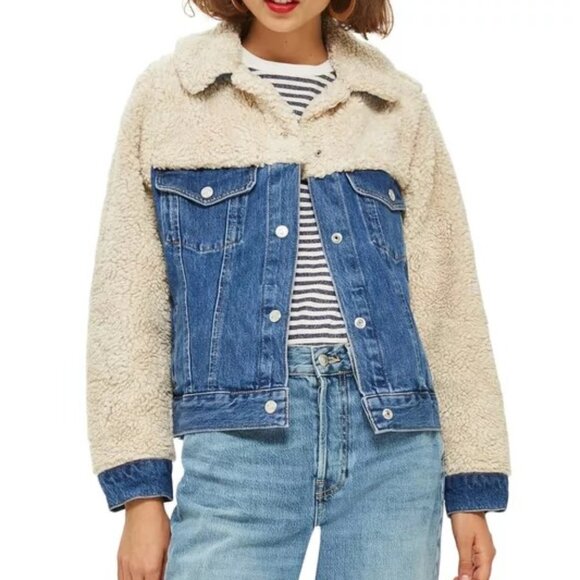 Topshop Moto Hybrid Shearling Denim Jacket Womens 10 Cream Blue Sherpa Button Up - Picture 1 of 15